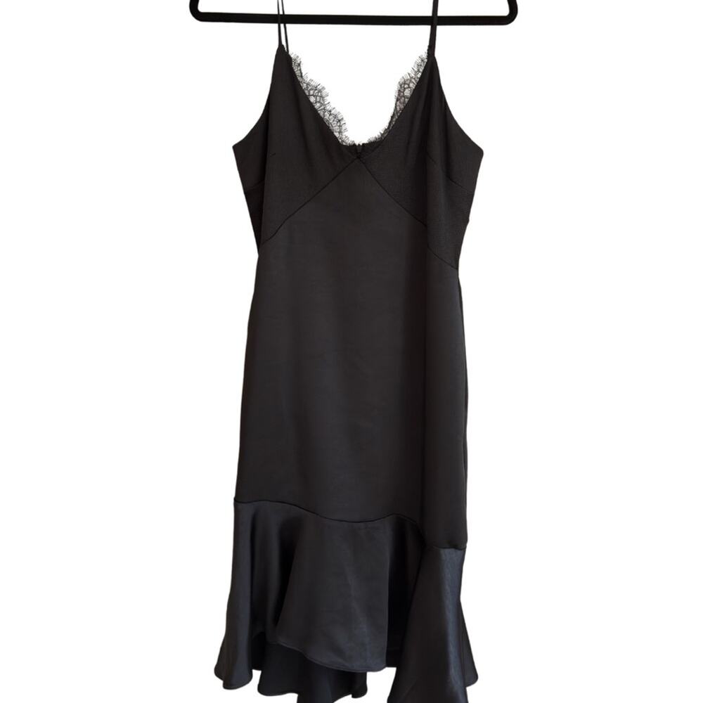 Black Satin Slip Dress Lace Trim Midi High Low Spaghetti Strap Goth M - Picture 4 of 8